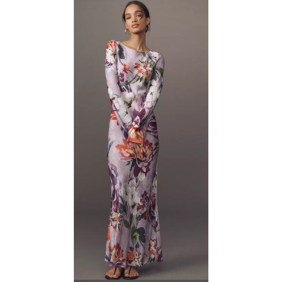 NWT Anthropologie Kachel Long-Sleeve Printed Slip Maxi Dress Sz 4 Purple Floral - Picture 1 of 8